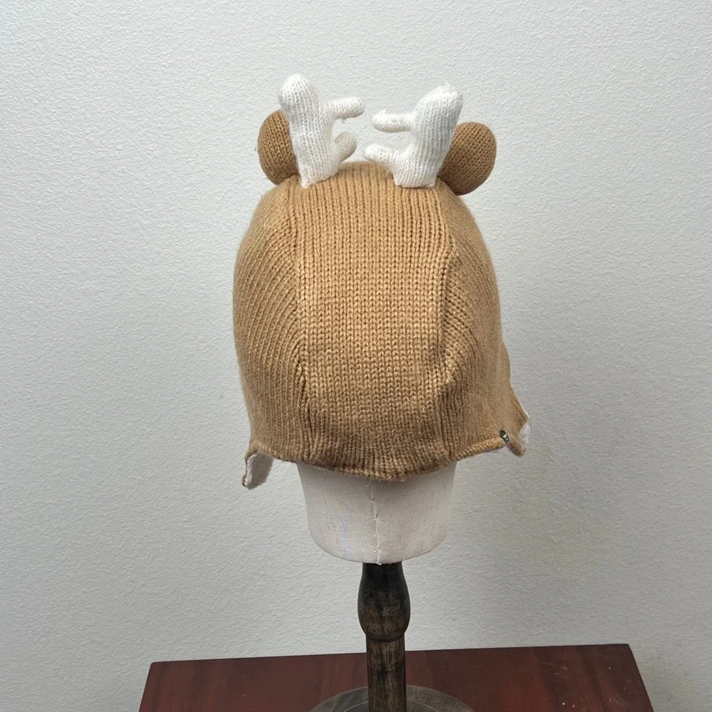 LL Bean Reindeer Critter Beanie Kids 12-24M Brown Knit Fleece Lined Trapper Hat